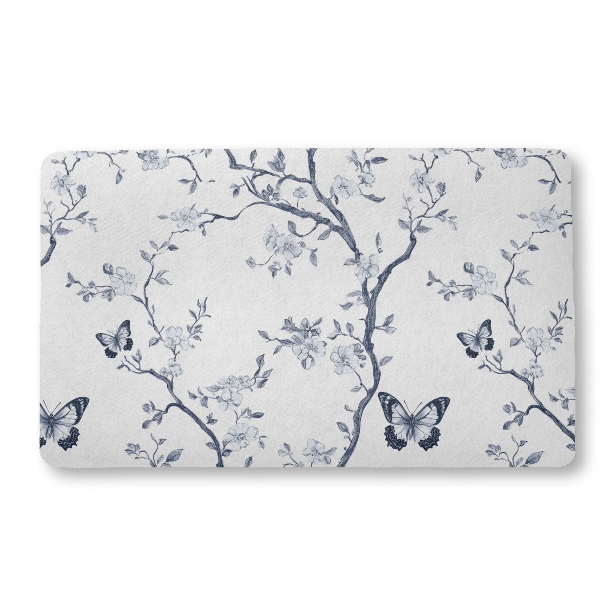 Butterfly Toile (1) bath mat, 18 x 30 in, white and black botanical print