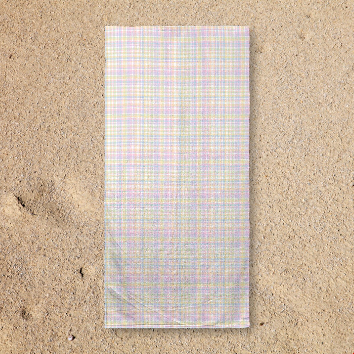 Balloon Dog Pastels 1 beach towel, 30 x 60 in, pink and blue geometric print