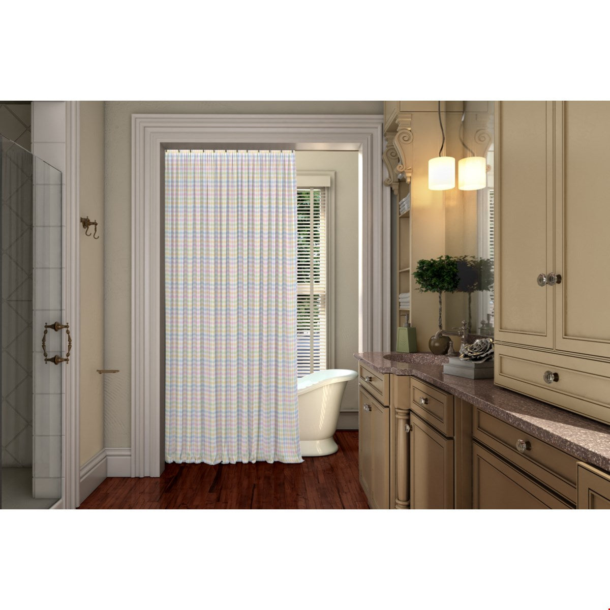 Balloon Dog Pastels (3) shower curtain, 71 x 74 in, blue and pink geometric print