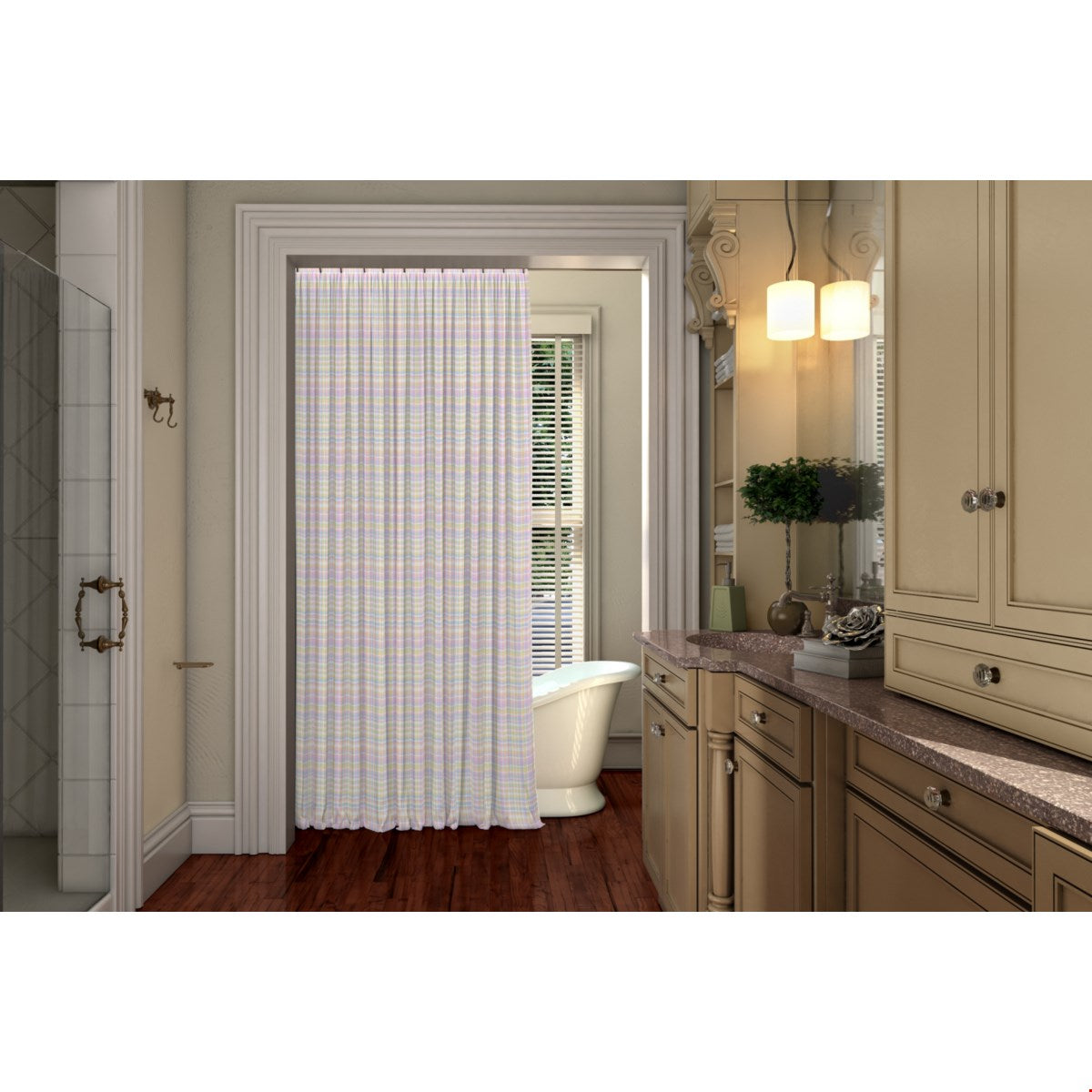 Balloon Dog Pastels 1 shower curtain, 71 x 74 in, pink and blue geometric print