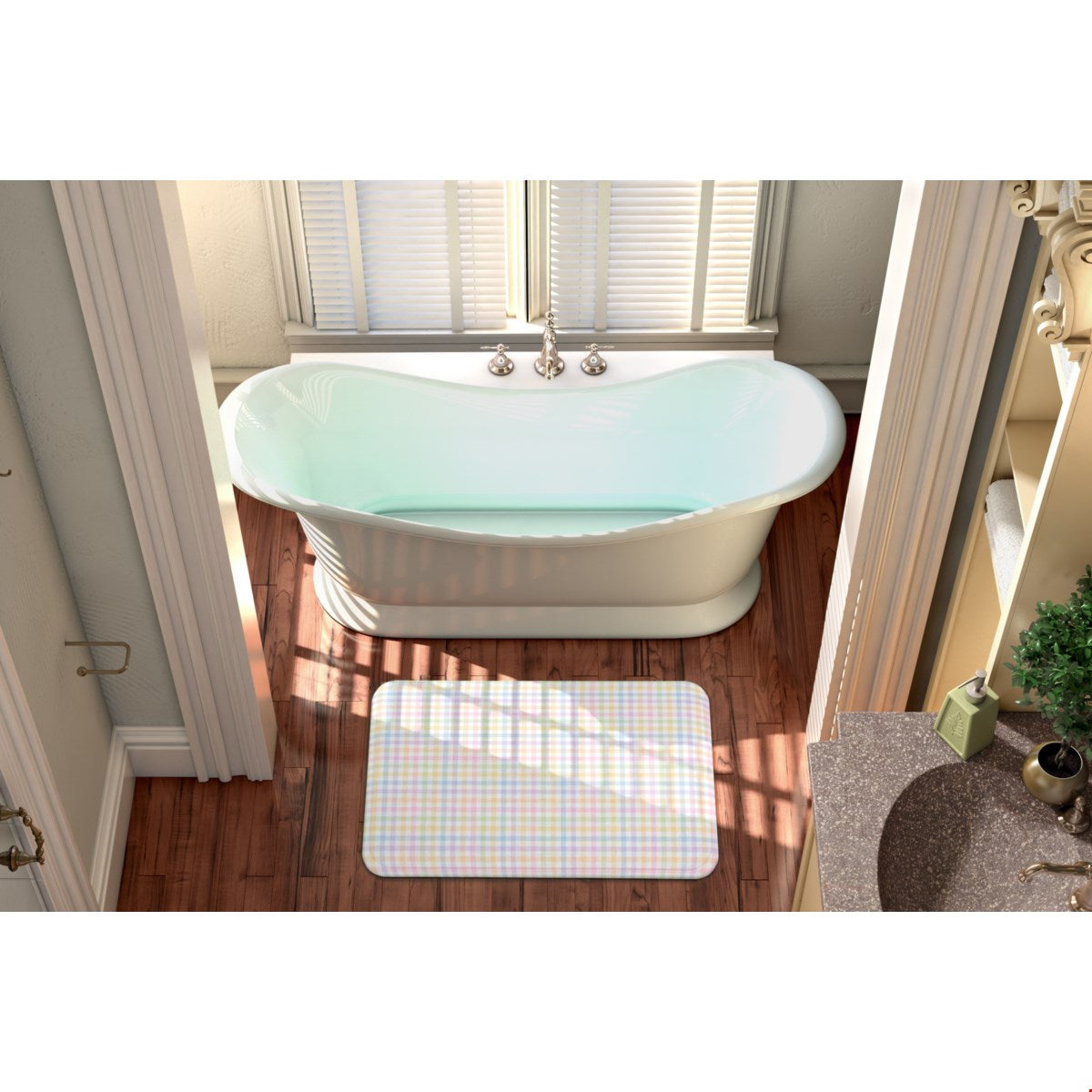 Balloon Dog Pastels (3) bath mat, 24 x 36 in, blue and pink geometric print