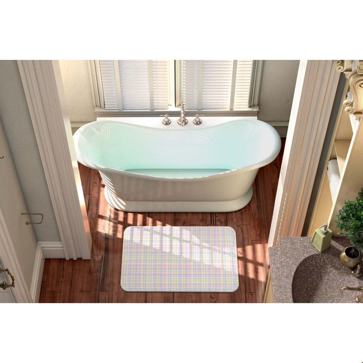 Balloon Dog Pastels 1 bath mat, 24 x 36 in, pink and blue geometric print