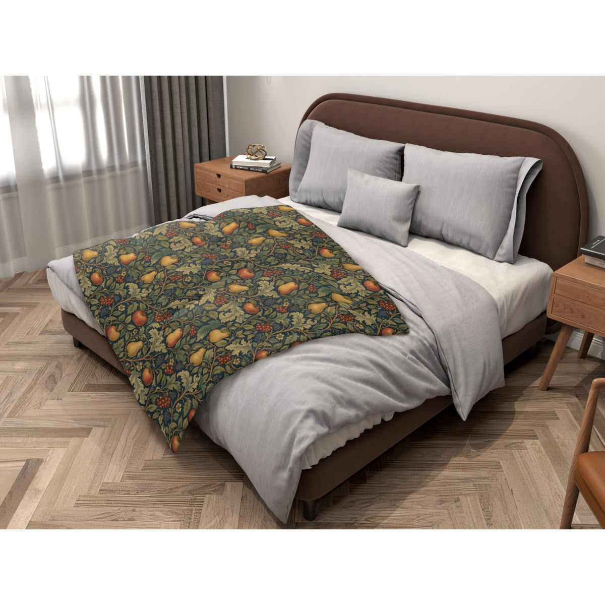 Morris Botanical Harvest super plush blanket, 50 x 60 in, green and yellow botanical print