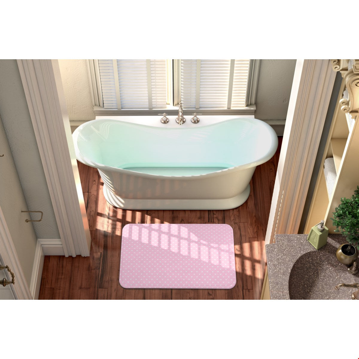 Balloon Dog Pastels (2) bath mat, 24 x 36 in, pink and off white hearts print