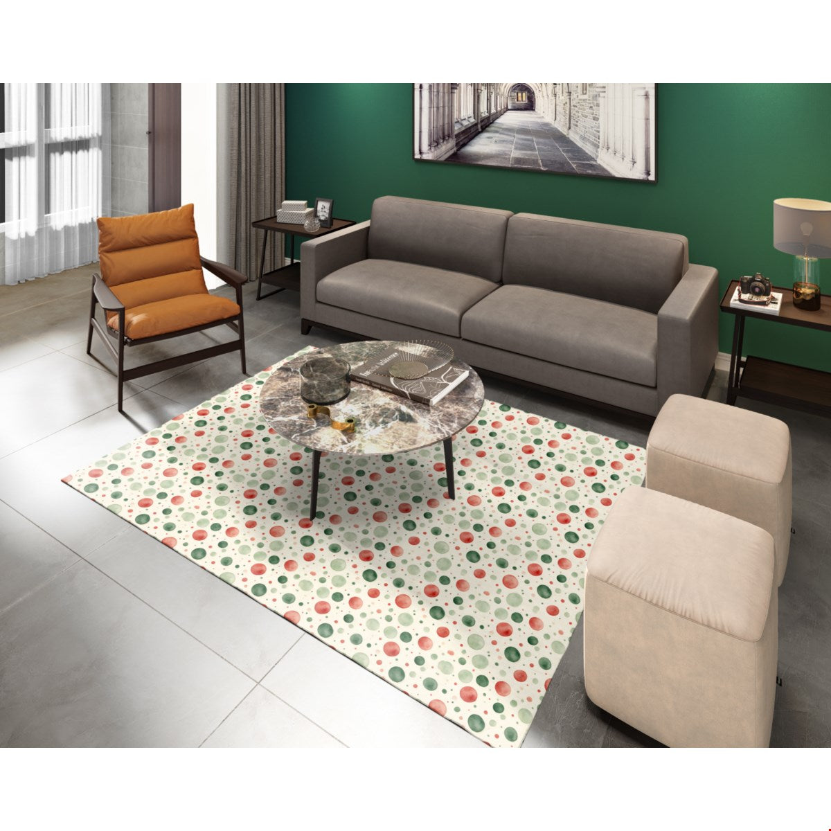 Watercolor Christmas (1) area rug, 63 x 84 in, green and red christmas print