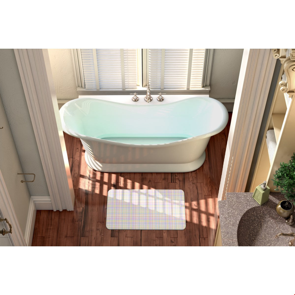 Balloon Dog Pastels 1 bath mat, 18 x 30 in, pink and blue geometric print