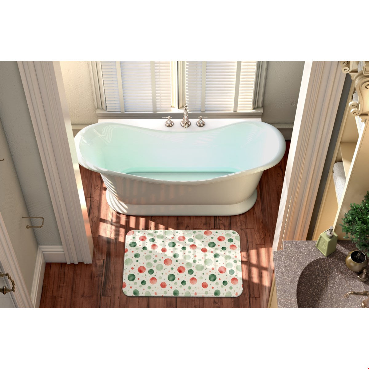 Watercolor Christmas (1) bath mat, 24 x 36 in, green and red christmas print