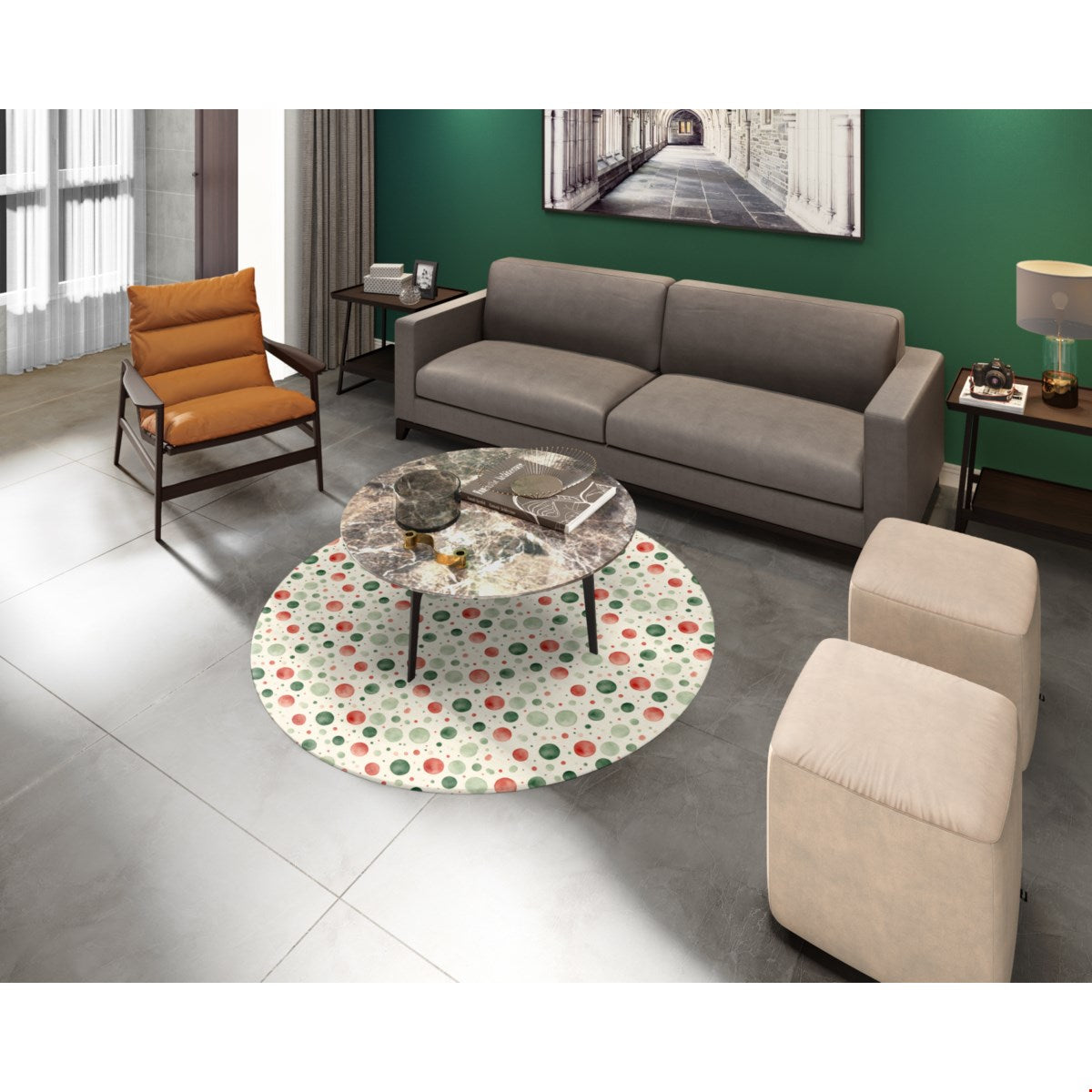 Watercolor Christmas (1) area rug, 60 in round, green and red christmas print