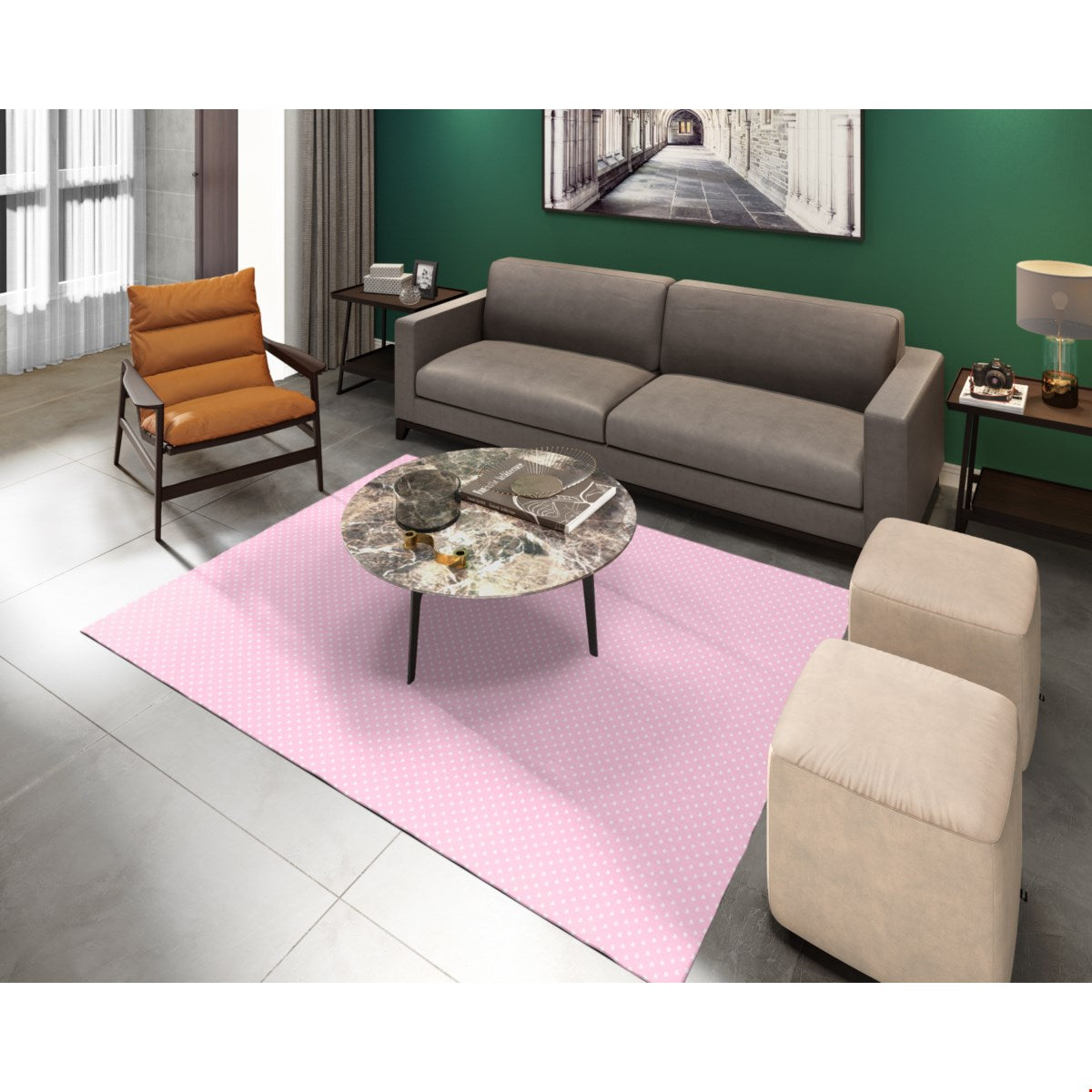Balloon Dog Pastels (2) area rug, 63 x 84 in, pink and off white hearts print